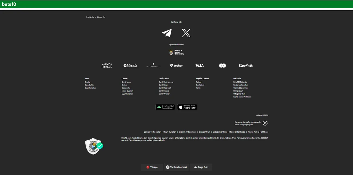 Bets10 site alt menüsündeki Android ve App Store uygulama indirme bağlantıları